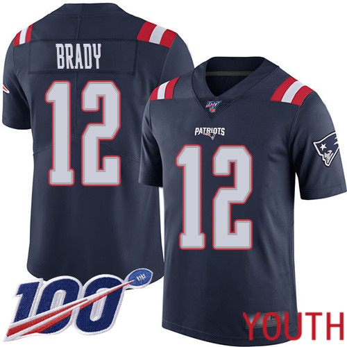 New England Patriots Football 12 100th Season Rush Vapor Limited Navy Blue Youth Tom Brady NFL Jersey